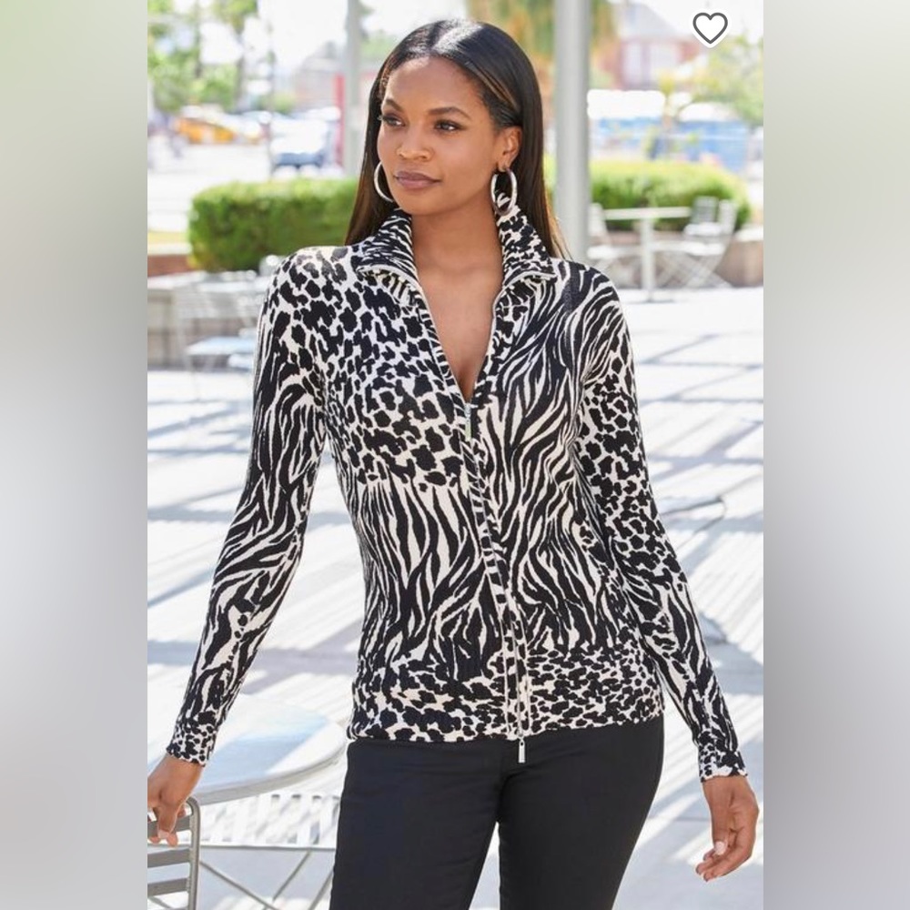 Boston Proper Zip Front Zebra Block Print Sweater… - image 2